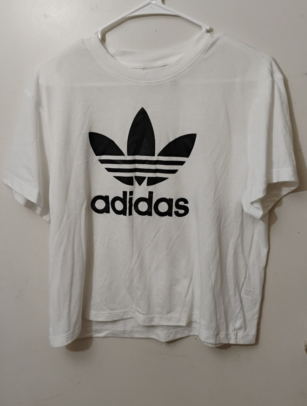 adidas Cropped White Tee with Black Trefoil Logo